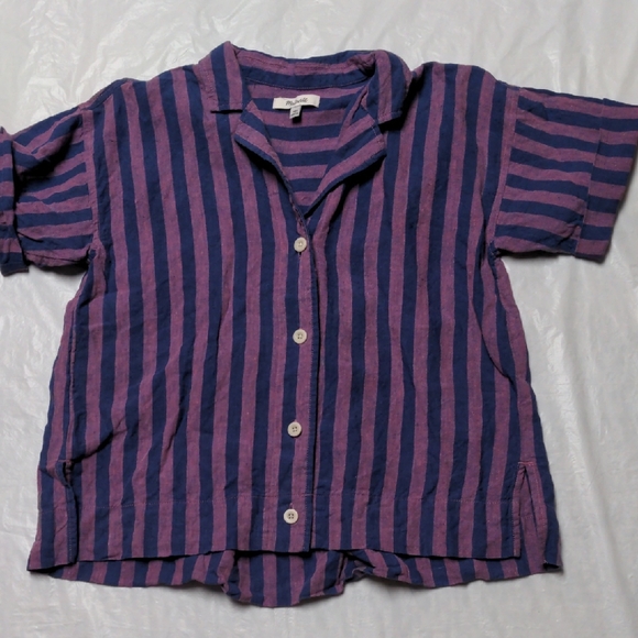 Madewell 100% Linen Button-Up Camp Shirt in Stripe Purple Size XXS - Picture 2 of 6